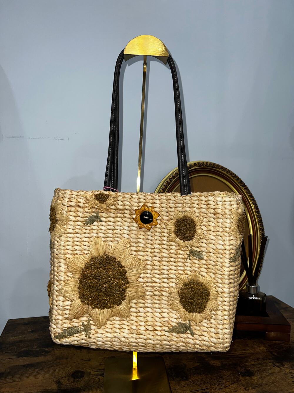 Woven Straw Tote Bag with Sunflower Appliques and Black Double Handles
